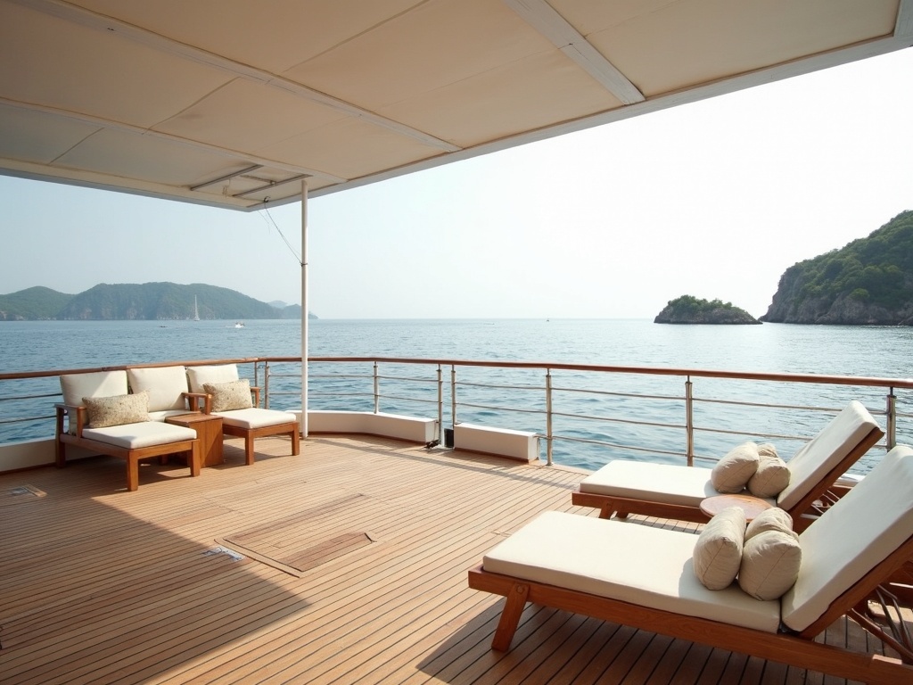 Empty teak sun deck of a private whole-boat charter overlooking calm Komodo waters