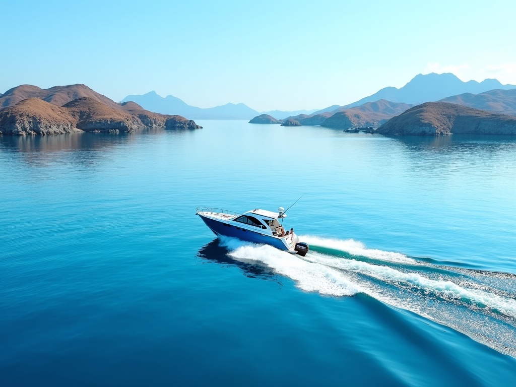 A private speedboat crossing calm water between Komodo National Park islands