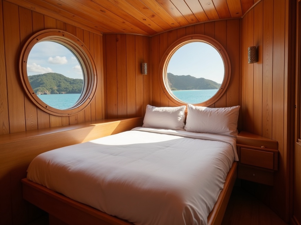 A private phinisi cabin with a made bed and porthole view of Komodo National Park
