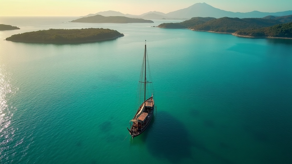 A lone wooden phinisi charter boat anchored in turquoise water among the dry islands of Komodo National Park